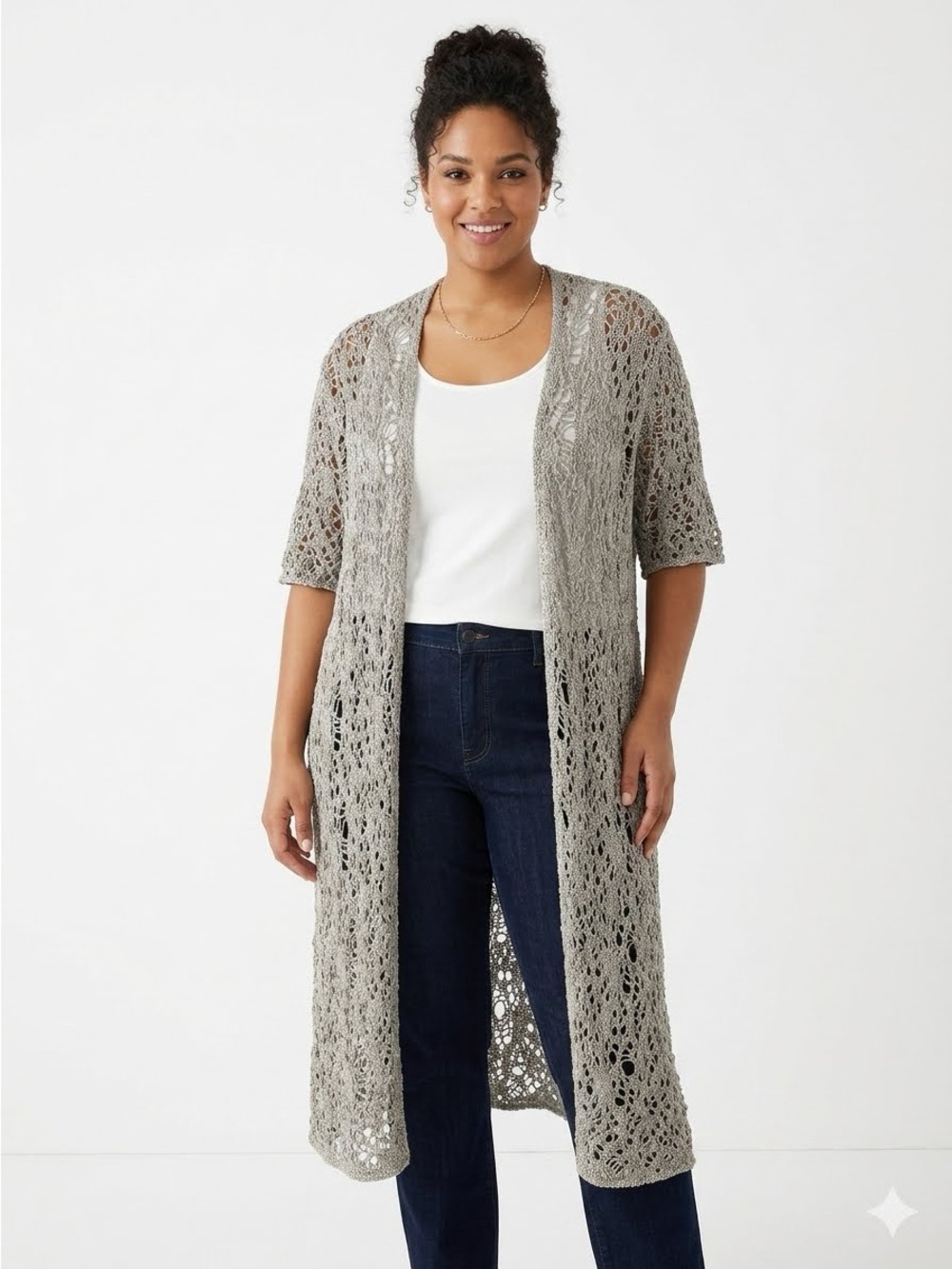 Eileen Fisher Rustic Luster Openwork Long Crochet Cardigan in Light Gray Size 2X